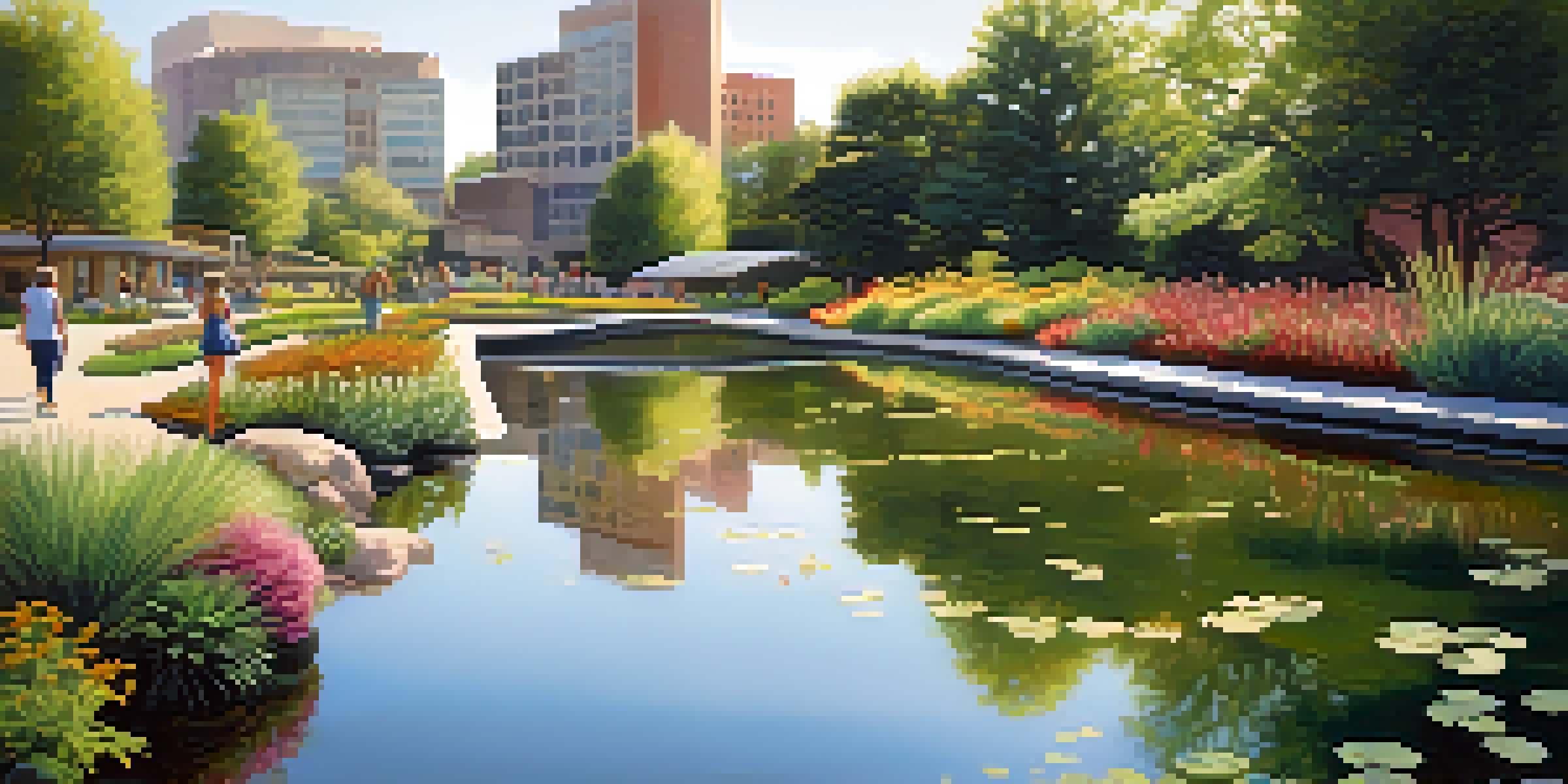 A peaceful urban water garden with colorful plants and a flowing stream, surrounded by modern buildings and greenery, under soft sunlight.
