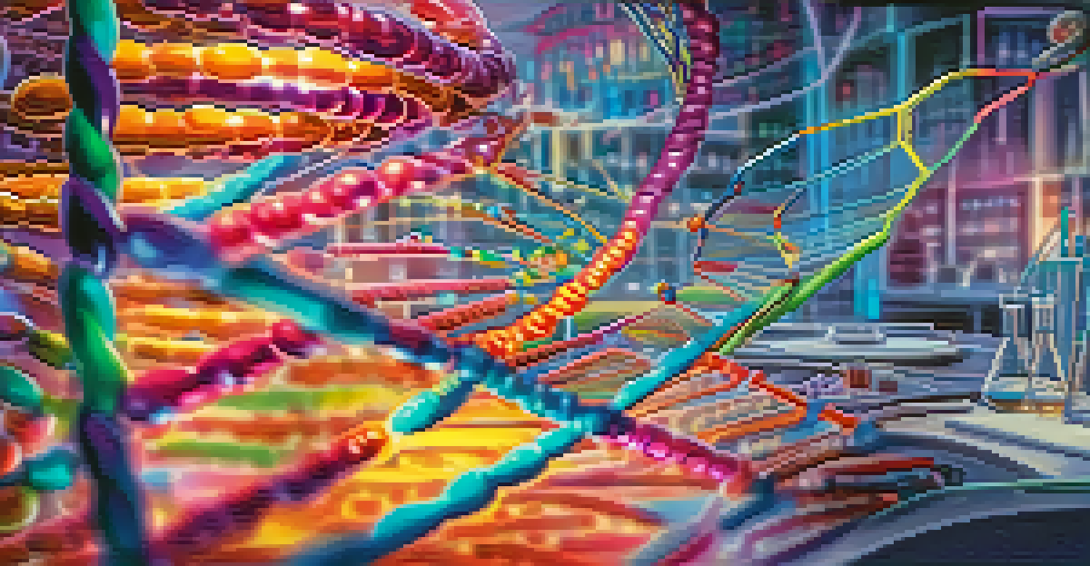 A close-up of a DNA strand in a laboratory, illustrating CRISPR technology editing with vibrant colors representing genetic traits.