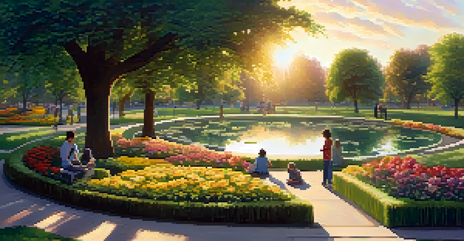 An urban park filled with trees and flowering plants, where people are enjoying the space, with a warm sunset glow.