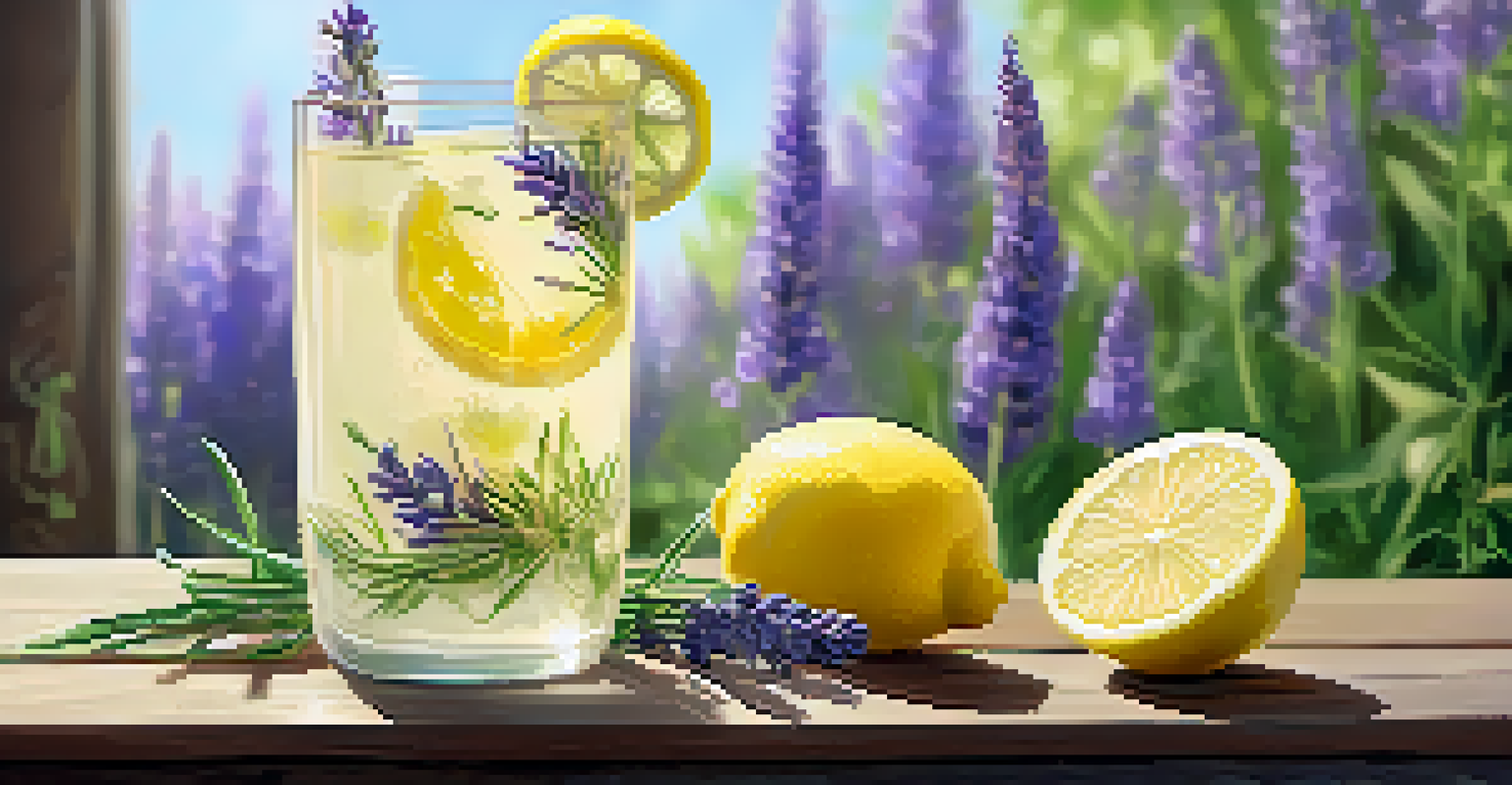 A glass of floral-infused lemonade with lavender and chamomile flowers, placed on a wooden table surrounded by lush greenery.