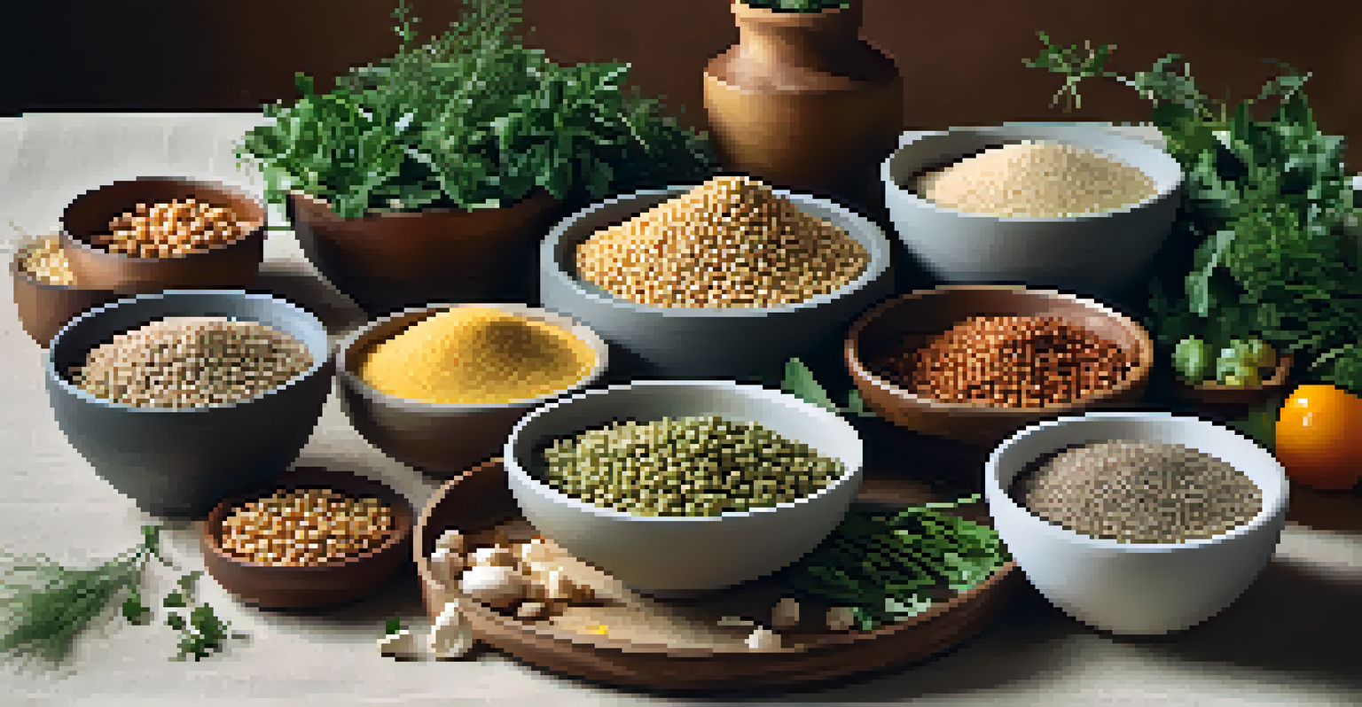 An artistic arrangement of plant-based protein sources on a textured cloth, featuring lentils, chickpeas, quinoa, and tofu.