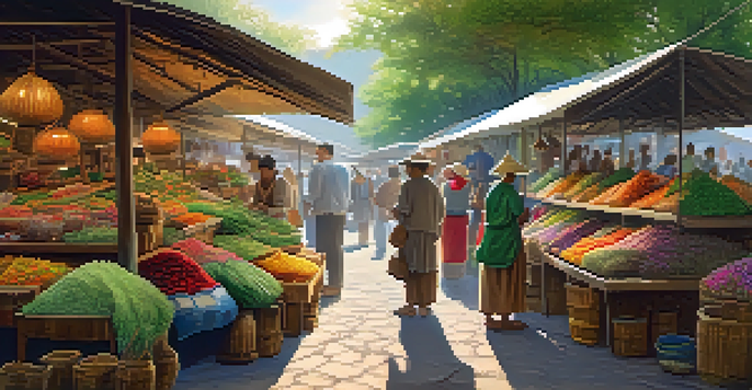 A bustling market filled with colorful medicinal plants, vendors, and customers under sunlight.