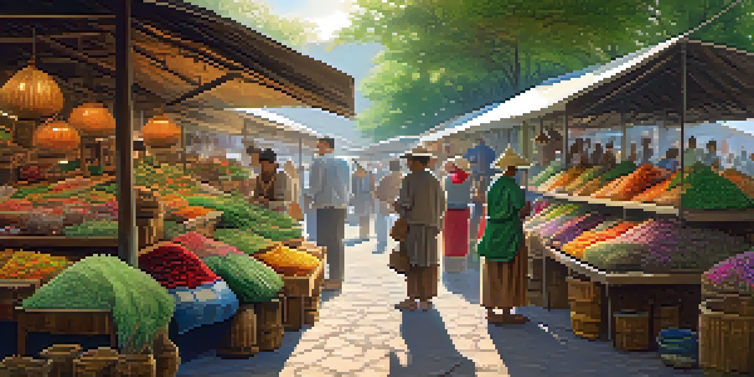 A bustling market filled with colorful medicinal plants, vendors, and customers under sunlight.