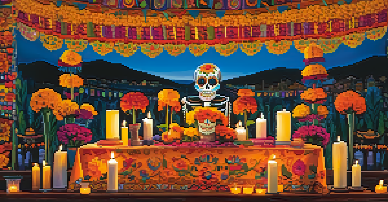 A vibrant altar decorated with marigolds and colorful papel picado, with flickering candles and traditional offerings, embodying the spirit of the Day of the Dead festival.