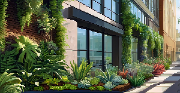 A colorful vertical garden with various plants growing against a modern building, illuminated by soft sunlight.