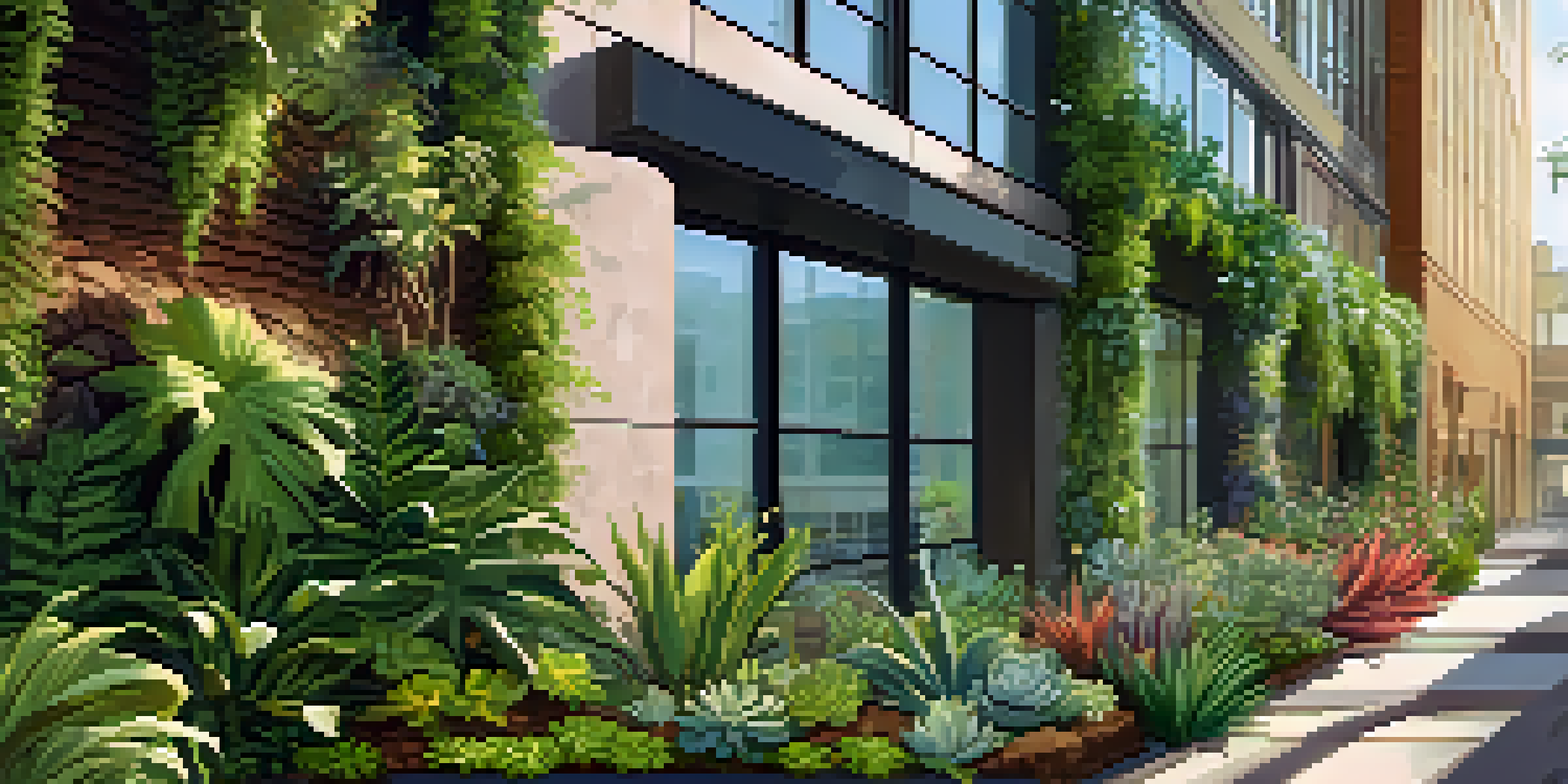 A colorful vertical garden with various plants growing against a modern building, illuminated by soft sunlight.