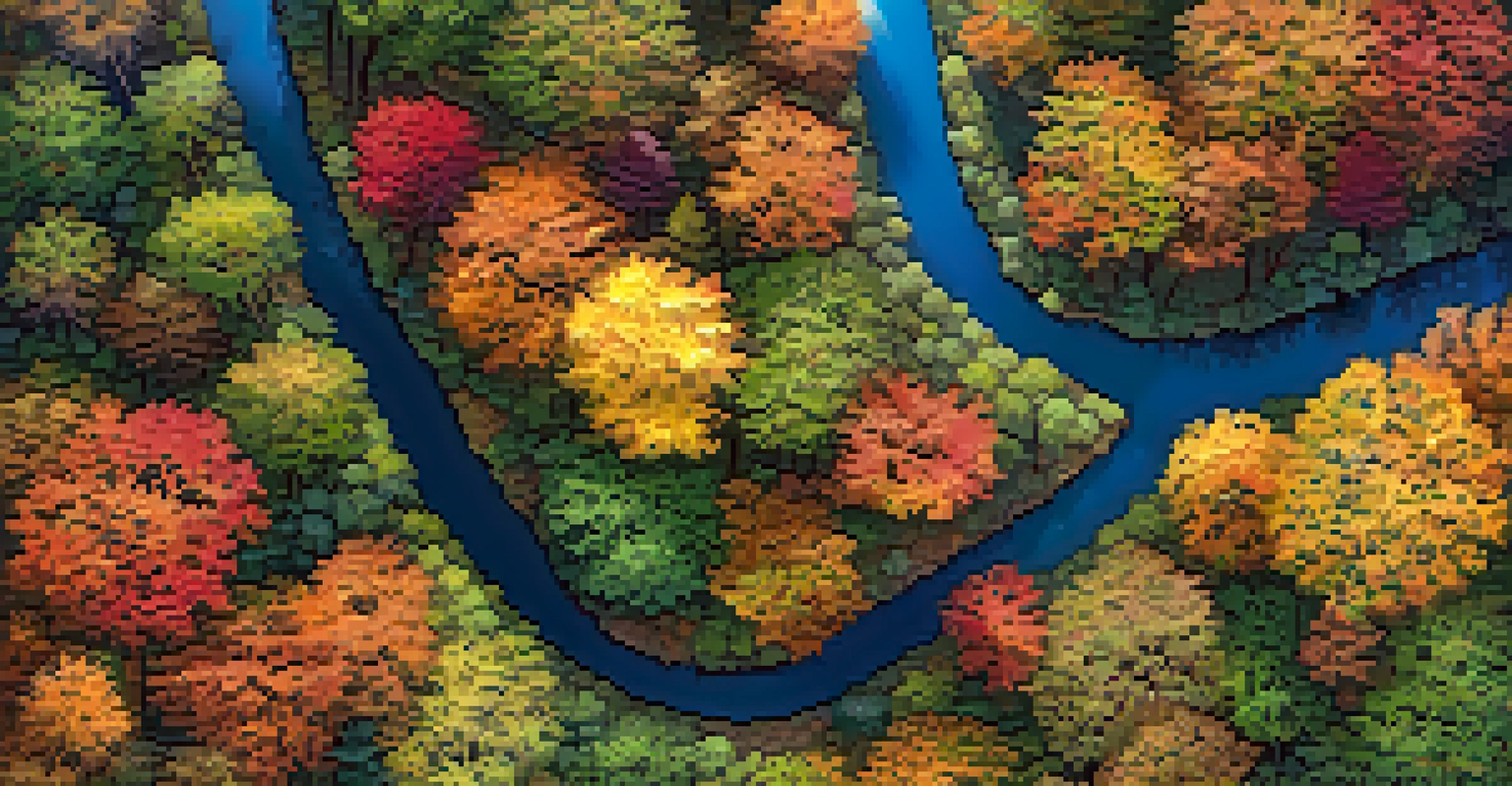 Aerial view of a colorful autumn forest with diverse tree species and intricate canopy patterns.