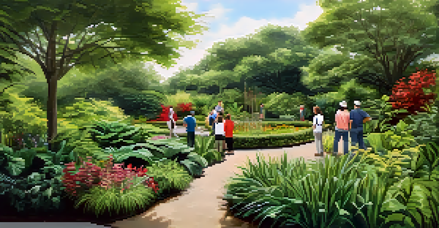 A peaceful guided nature walk in a botanical garden, with a staff member sharing knowledge about plants to an interested group of visitors.