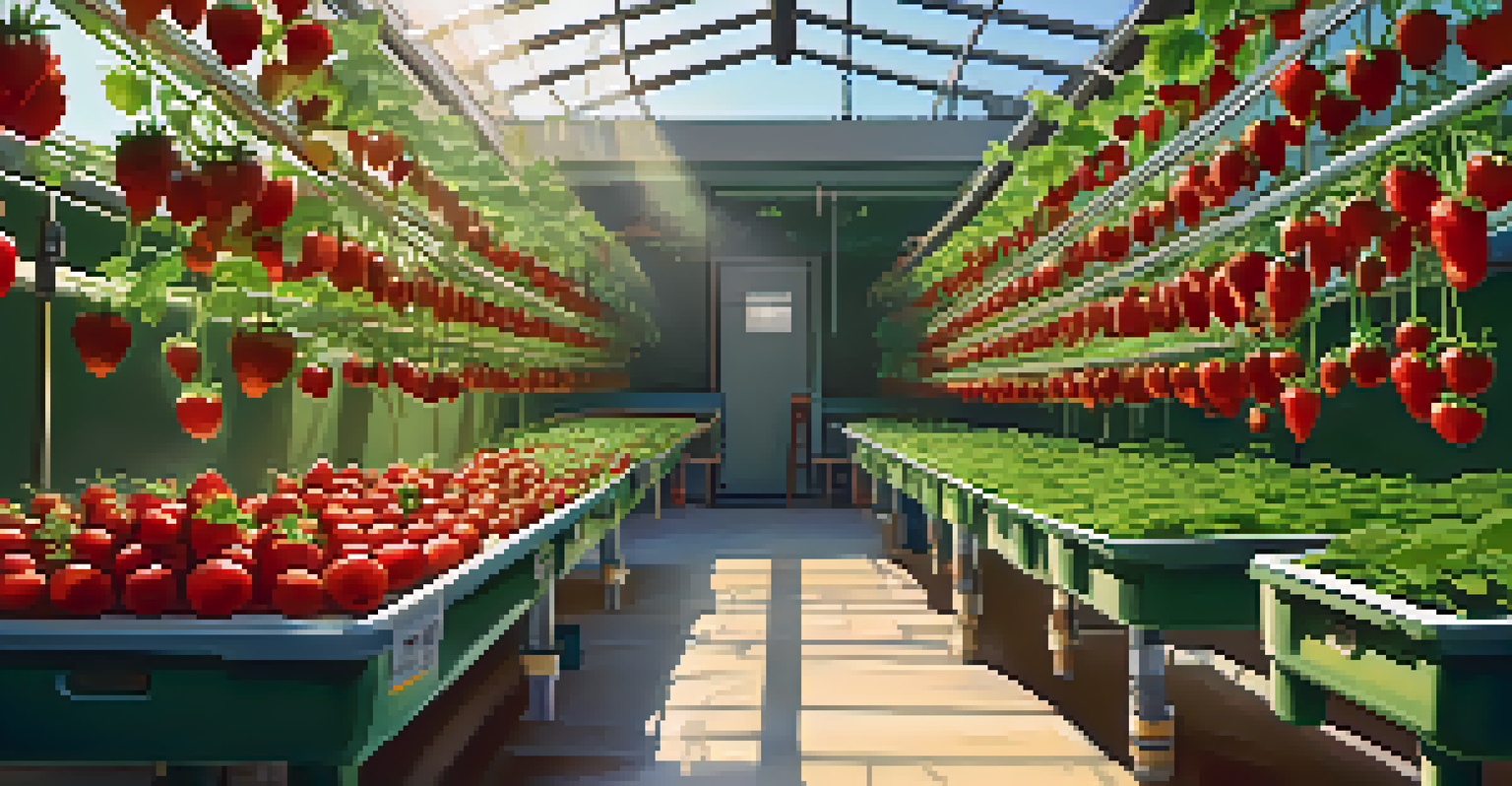 A beautiful aquaponics system with ripe strawberries and tomatoes growing among green leaves.