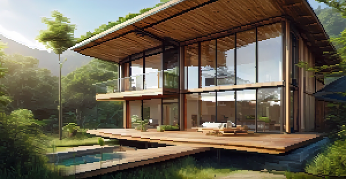 A sustainable house made of bamboo and reclaimed wood, with large windows, surrounded by green gardens and solar panels.