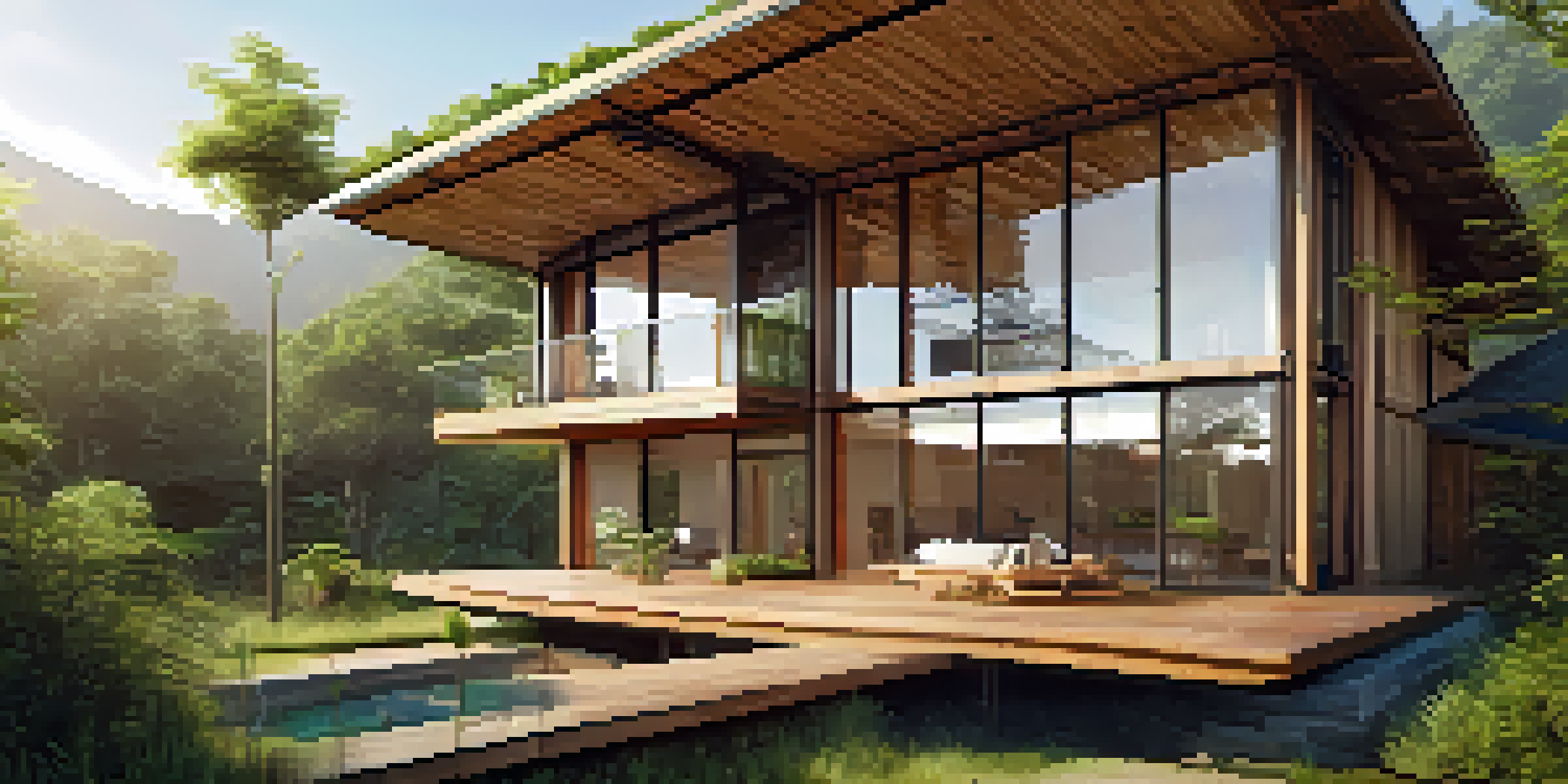 A sustainable house made of bamboo and reclaimed wood, with large windows, surrounded by green gardens and solar panels.
