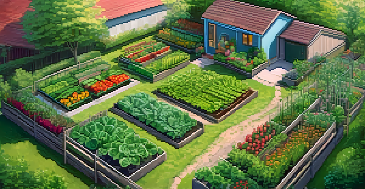 An aerial view of a vibrant vegetable garden filled with greens and colorful vegetables, located near a cottage.