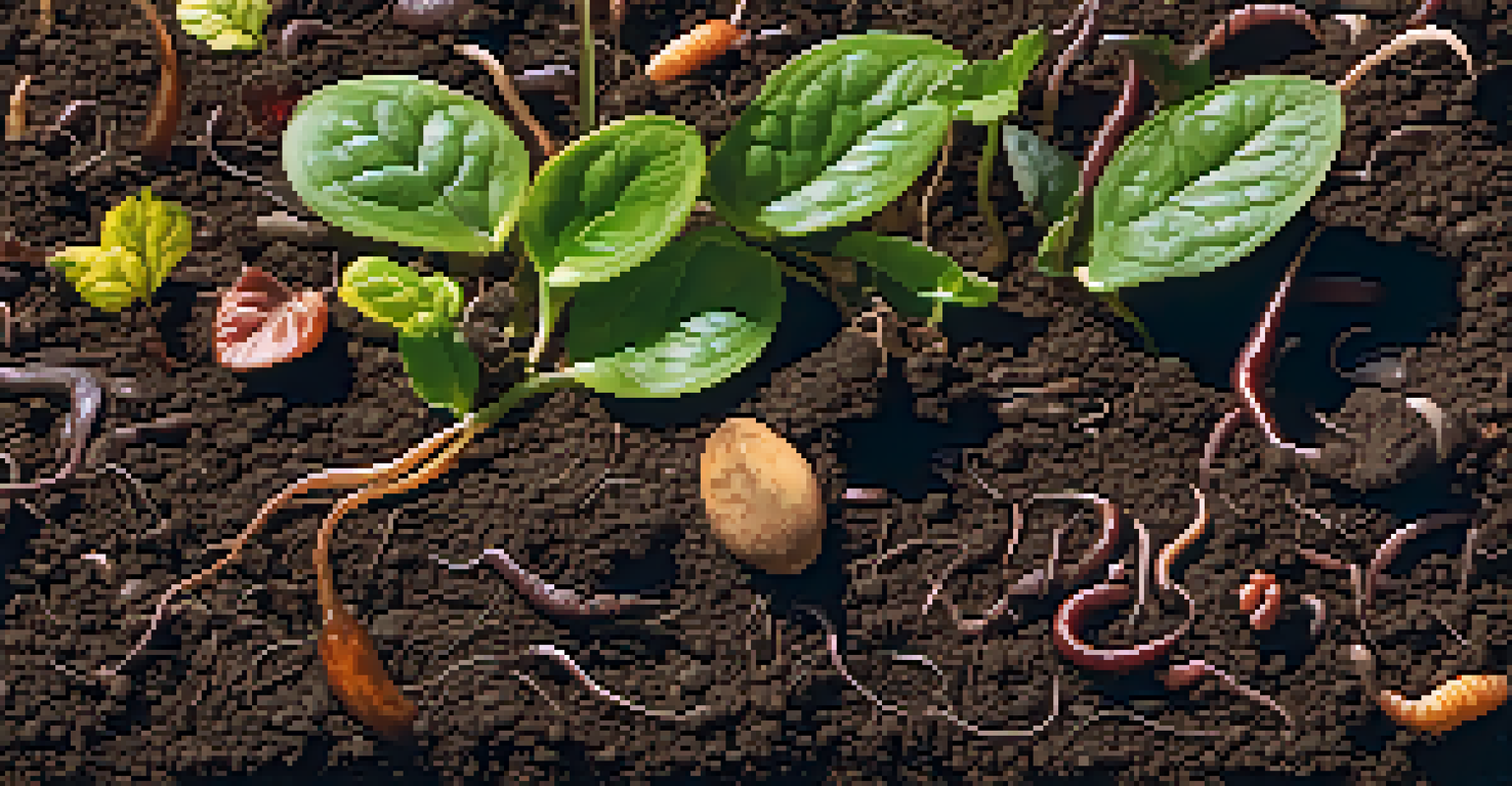 A close-up view of rich, healthy soil with layers of compost and earthworms, illuminated by sunlight.
