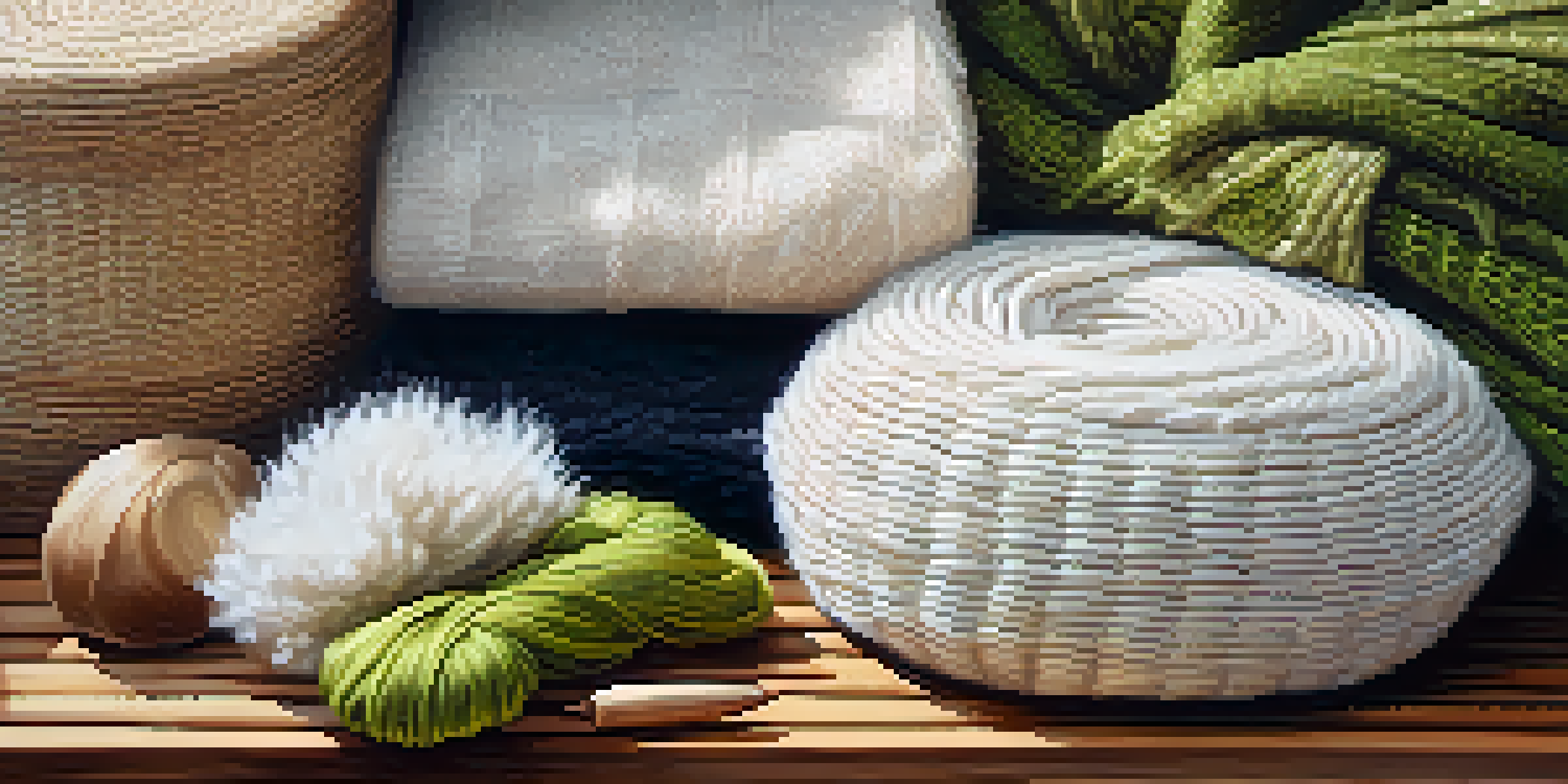 Different types of plant-based textiles displayed on a wooden table, showcasing their textures and natural colors.