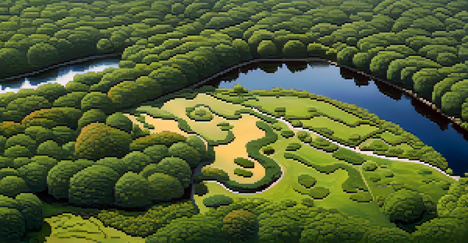 An aerial perspective of a diverse landscape with trees, shrubs, and ground cover plants, showcasing a healthy ecosystem.