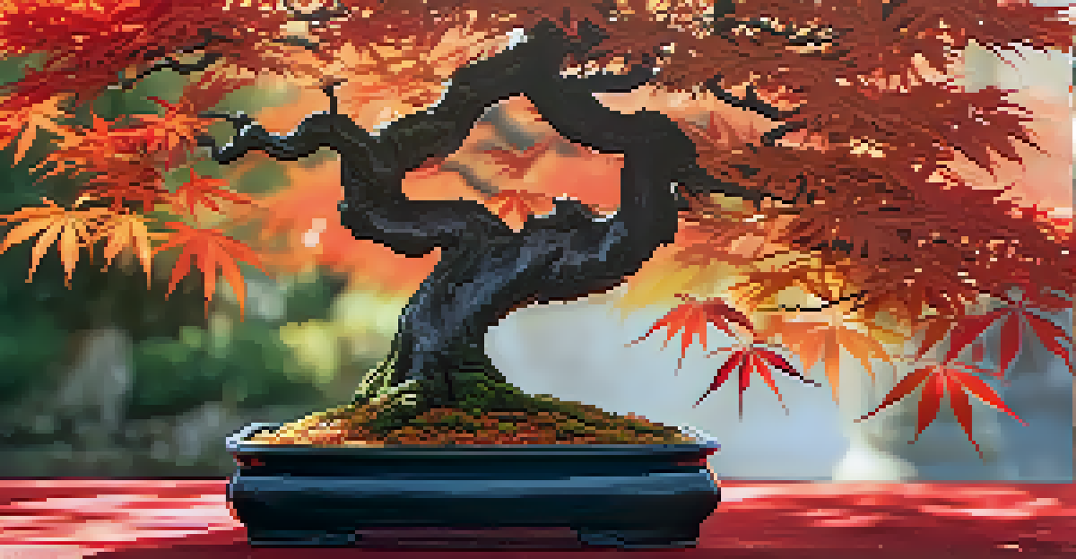A Japanese Maple bonsai tree with bright autumn leaves in a serene garden setting with dappled sunlight.
