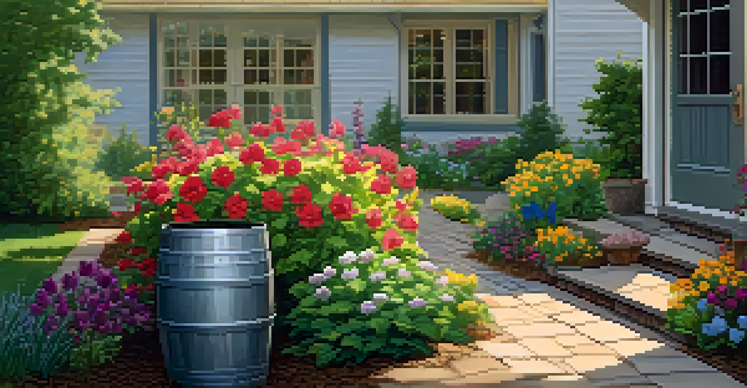 A tranquil backyard with a rainwater harvesting barrel next to a colorful flower bed, illuminated by soft sunlight.