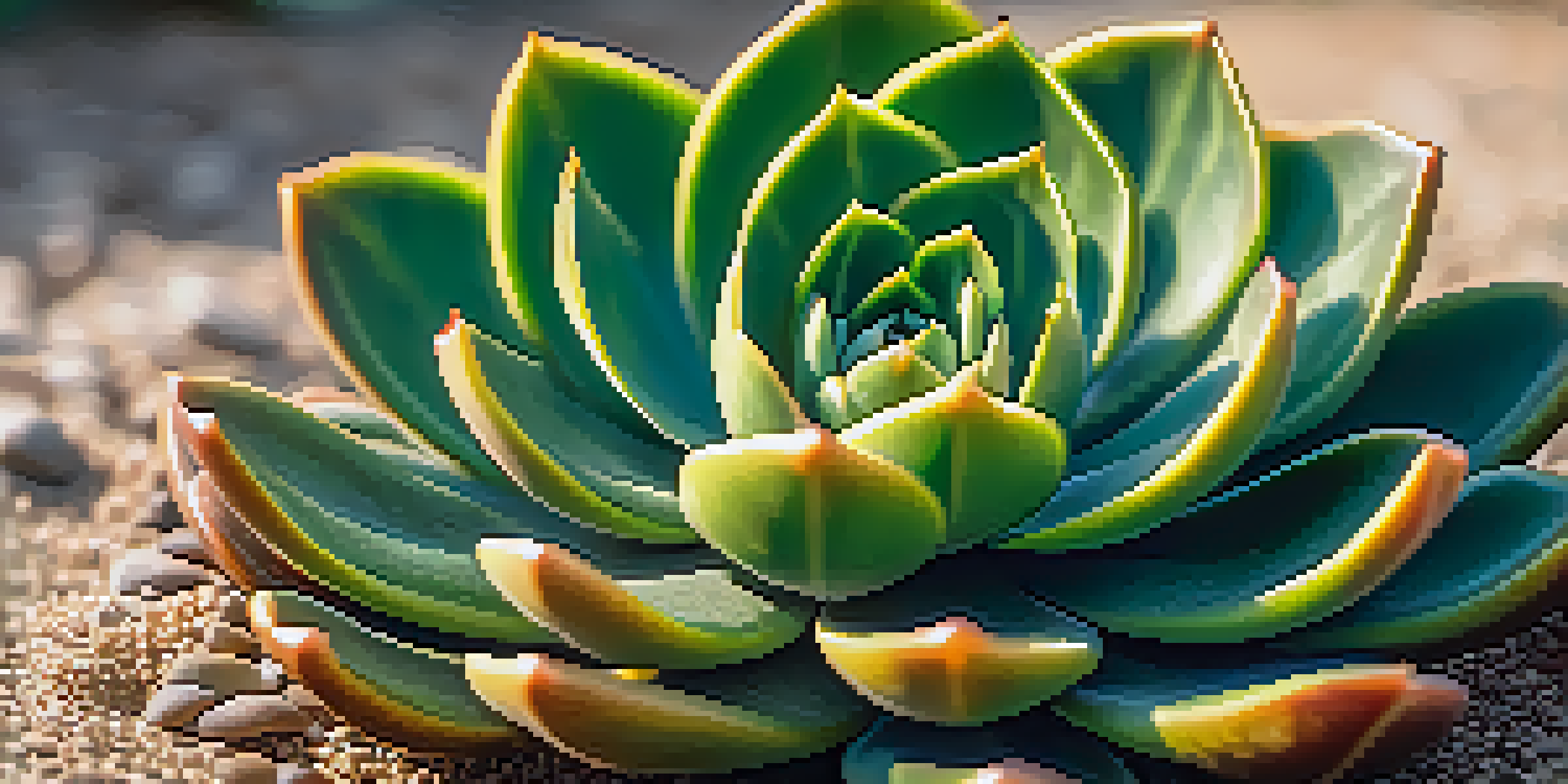 A close-up of a green succulent with thick, fleshy leaves illuminated by sunlight, against a blurred sandy background.