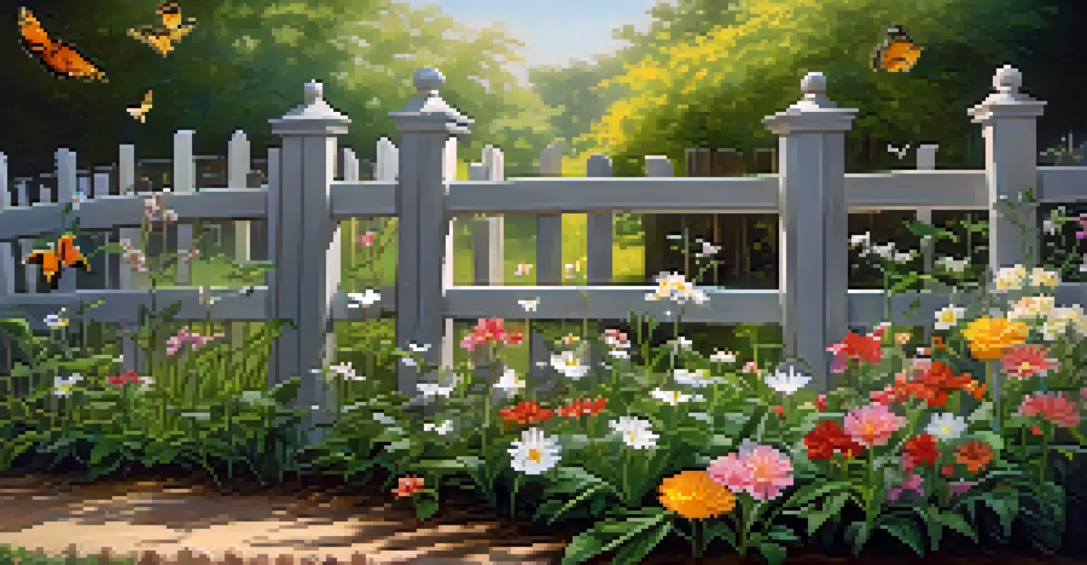 A tranquil garden scene with butterflies and birds, surrounded by colorful flowers.