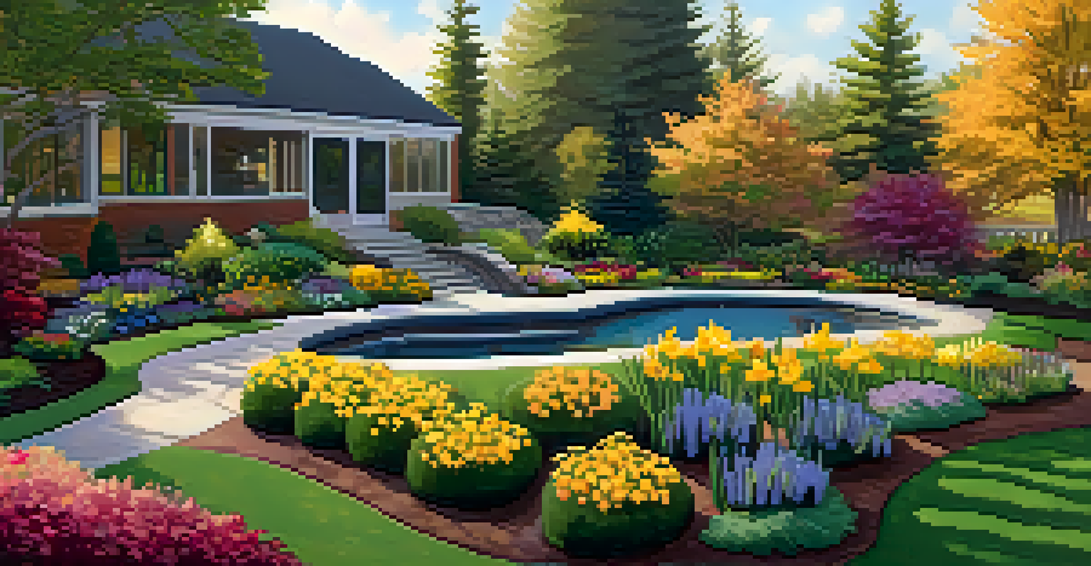 An aerial view of a landscaped garden with a mix of seasonal flowers and evergreen plants, illuminated by golden hour light with winding pathways.