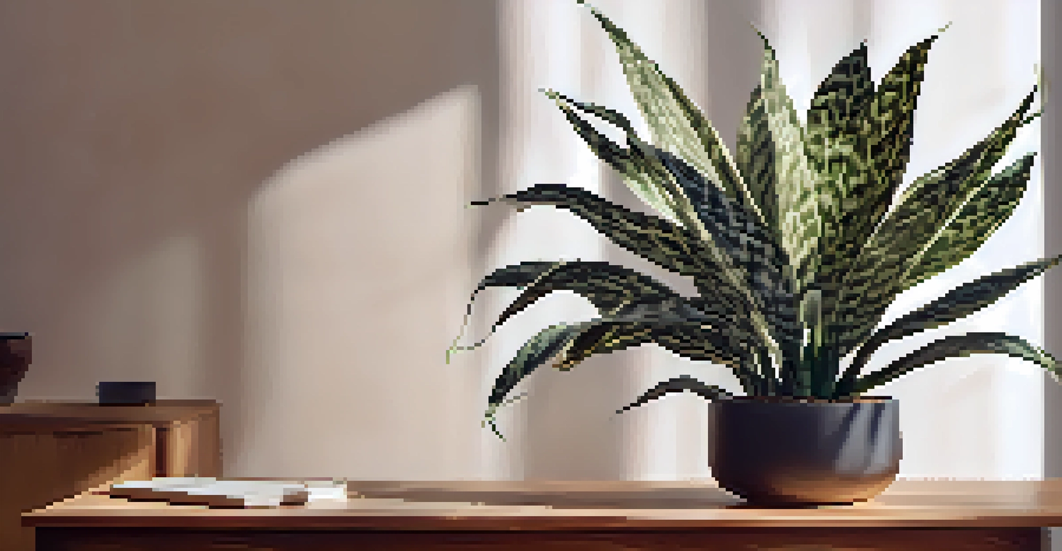 A detailed view of a snake plant with patterned leaves on a wooden table, set in a warmly lit home environment.