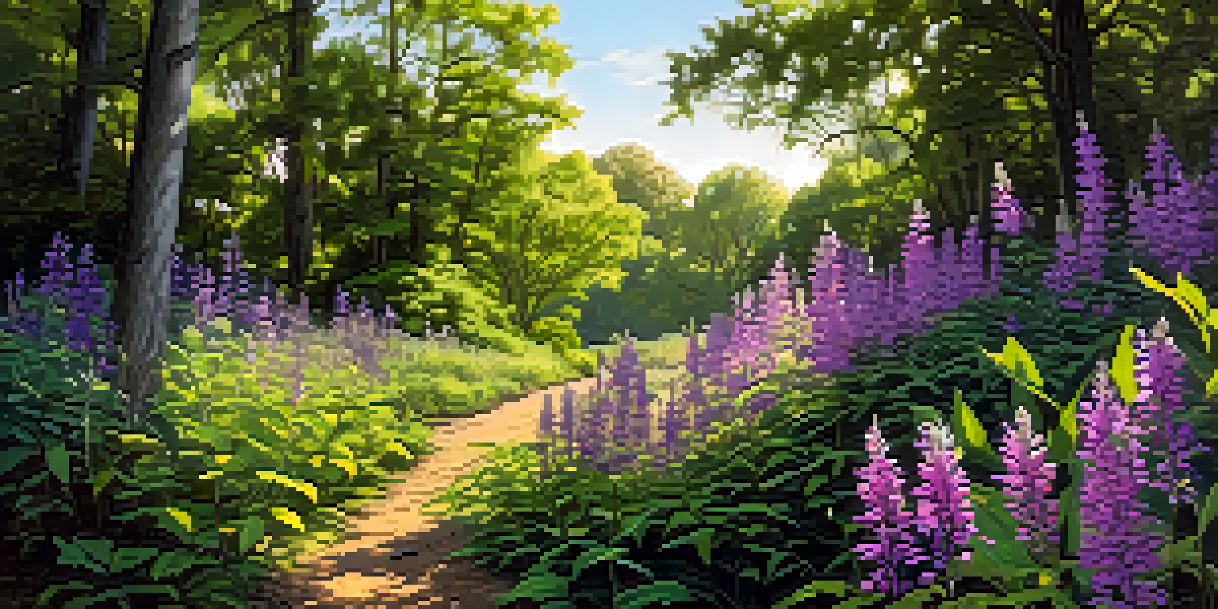 A colorful landscape depicting a mix of native plants and invasive species, with sunlight filtering through the leaves.
