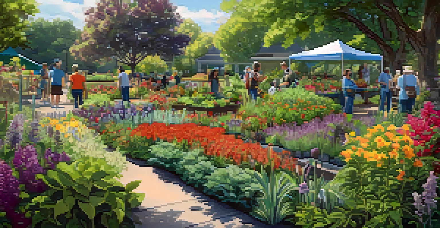 A community garden with diverse individuals planting native species, surrounded by colorful flowers and shrubs in a sunny park setting.