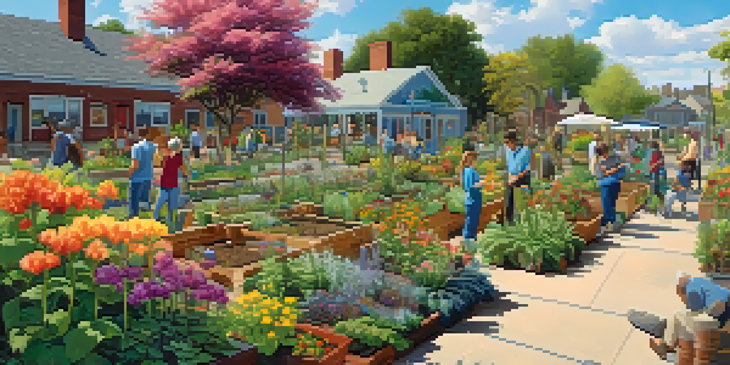 A lively community garden filled with colorful native plants and people planting and caring for them under a sunny sky.