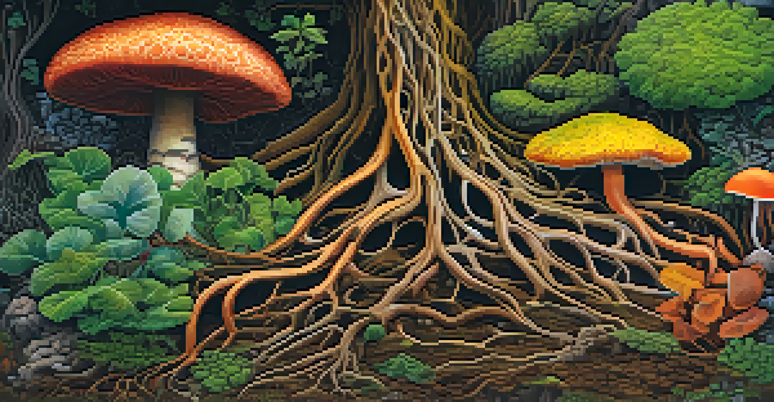 An illustration showing the interconnected roots of plants and fungi in soil, symbolizing their mutual relationship.