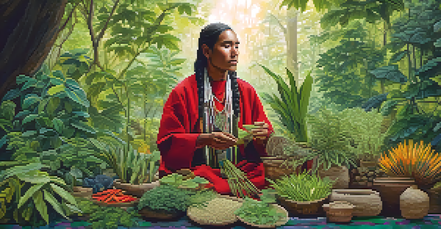 An indigenous healer selecting herbs in a biodiverse forest, surrounded by various medicinal plants with sunlight filtering through the trees.