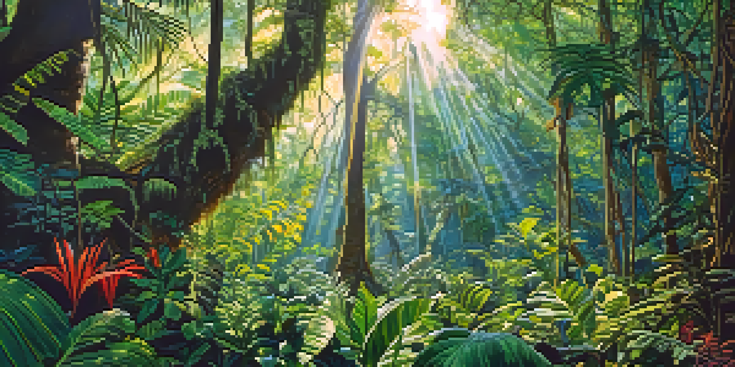 A colorful rainforest filled with various plants, including the ayahuasca vine, with indigenous people participating in traditional rituals in the background.