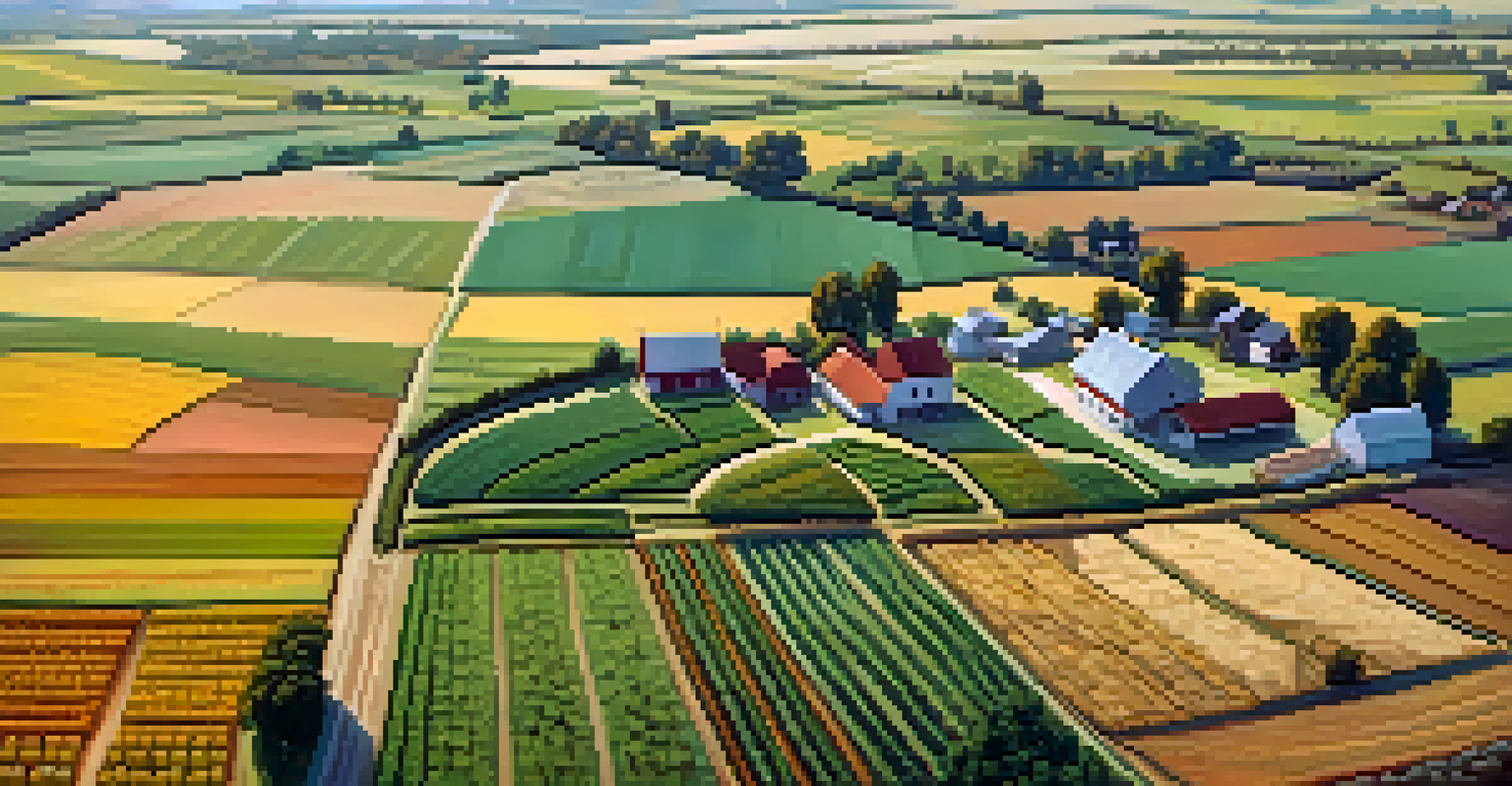 An aerial view of a diverse agricultural landscape with different crops in patchwork patterns and a farmhouse.