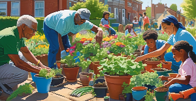 A diverse group of people planting flowers and vegetables in a sunny urban garden, surrounded by colorful pots and greenery.