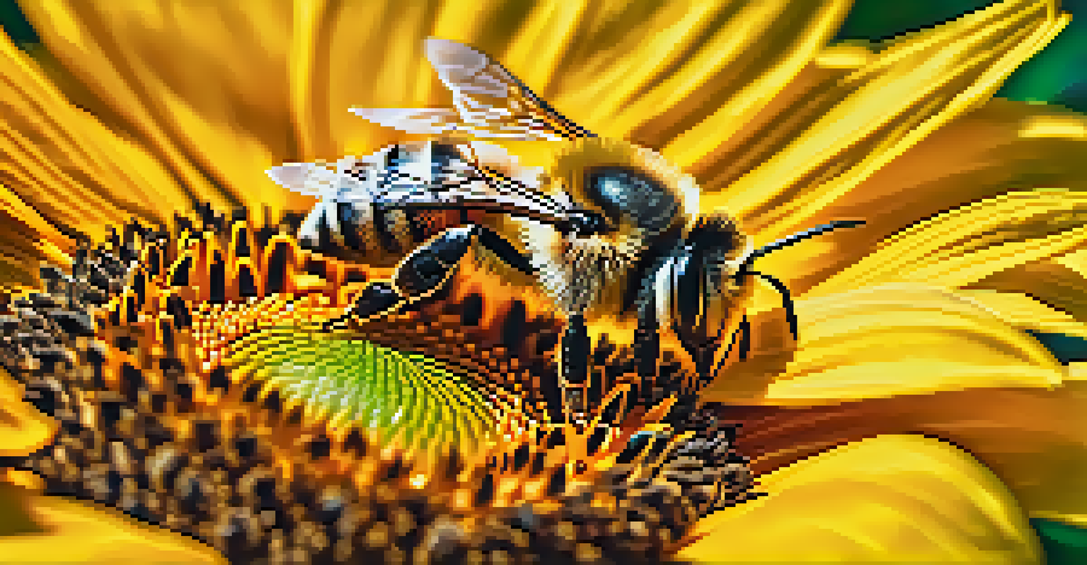 Close-up of a bee on a sunflower, highlighting the details of the bee and flower petals.