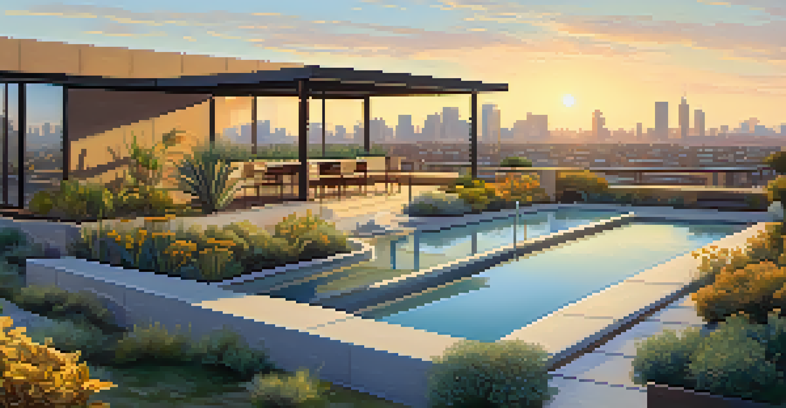 A rooftop garden with a reflective pool and drought-resistant plants, set against a city skyline at sunset, bathed in golden light.