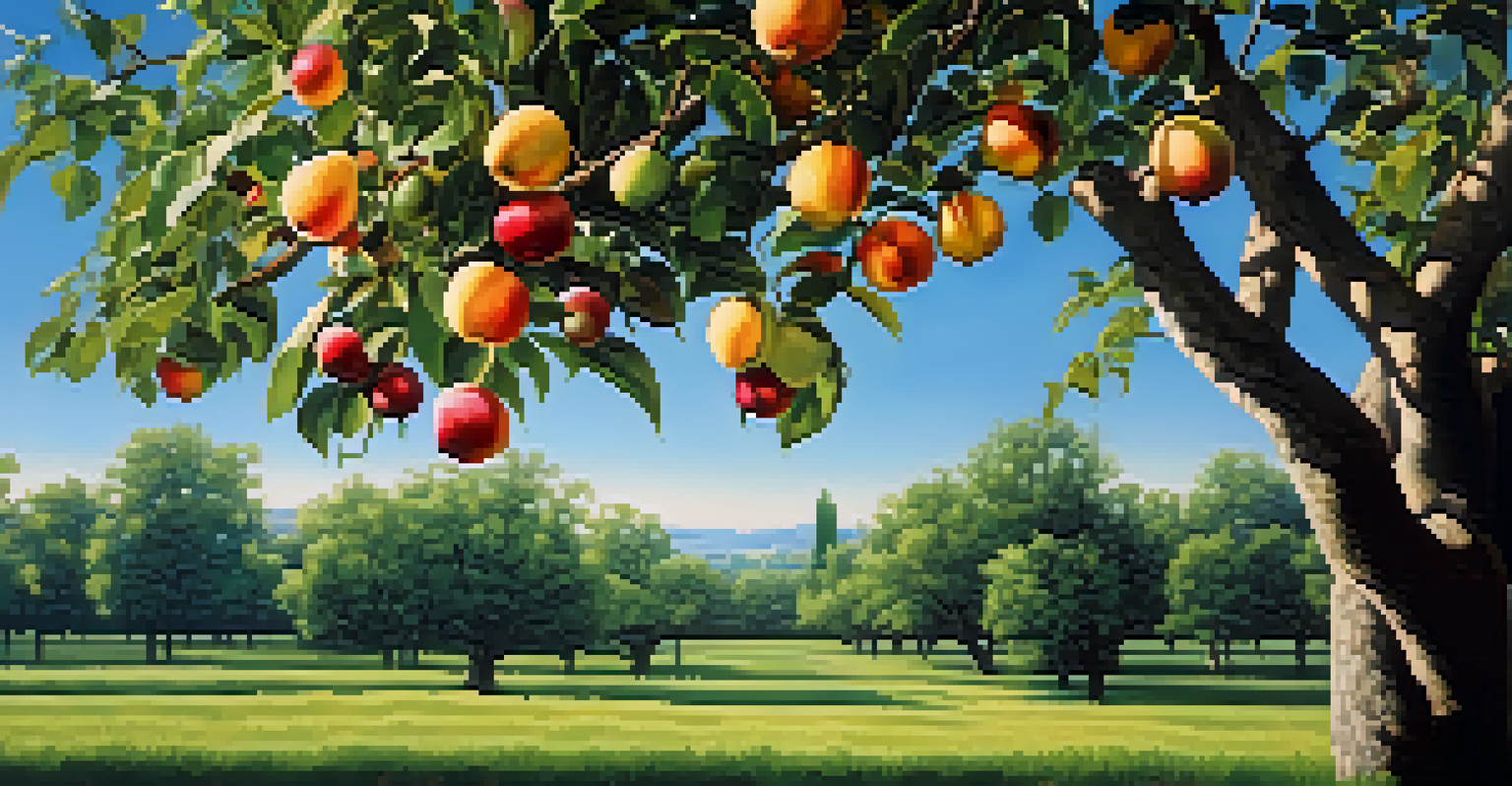 A vibrant fruit tree with ripe fruits and lush green leaves under a blue sky.