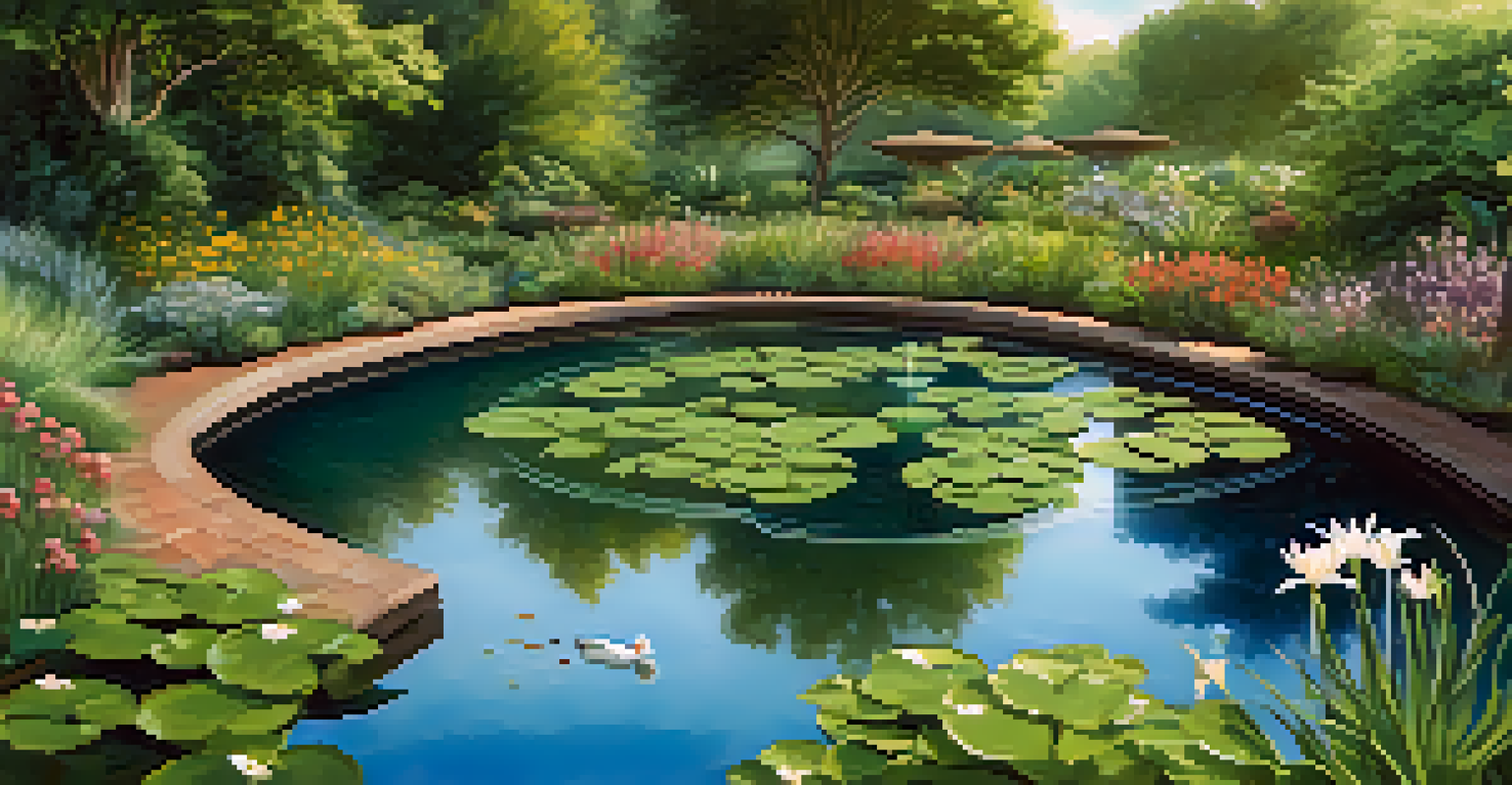 A peaceful pond in a permaculture garden with lily pads, fish, and ducks, under a bright blue sky.