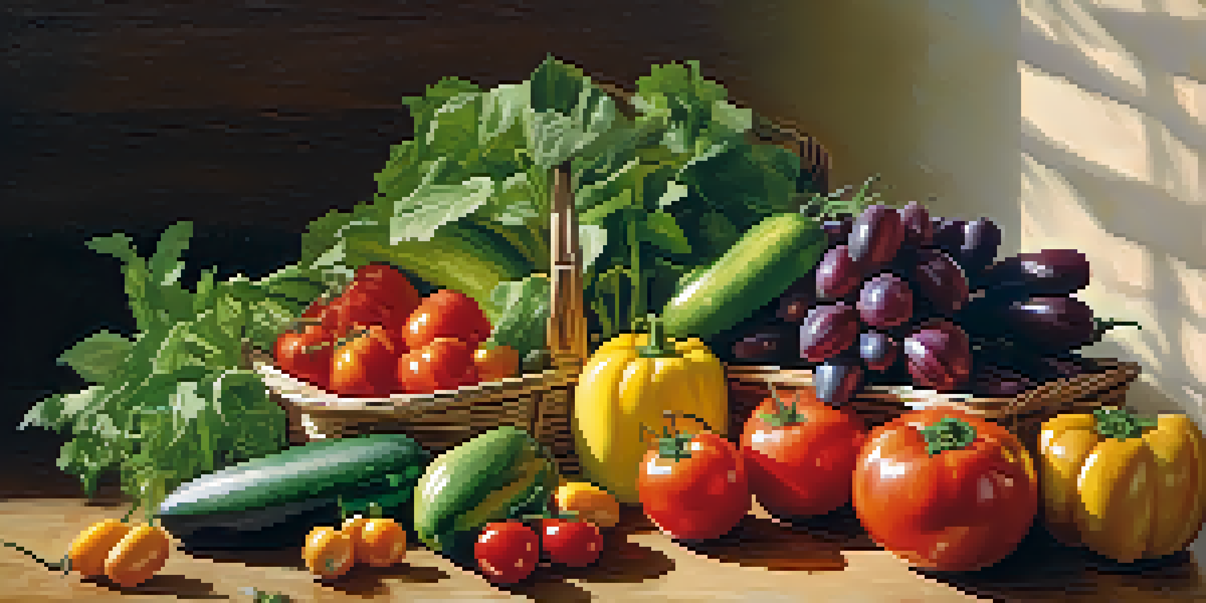 A rustic wooden basket filled with colorful seasonal fruits and vegetables, illuminated by natural sunlight on a kitchen counter.