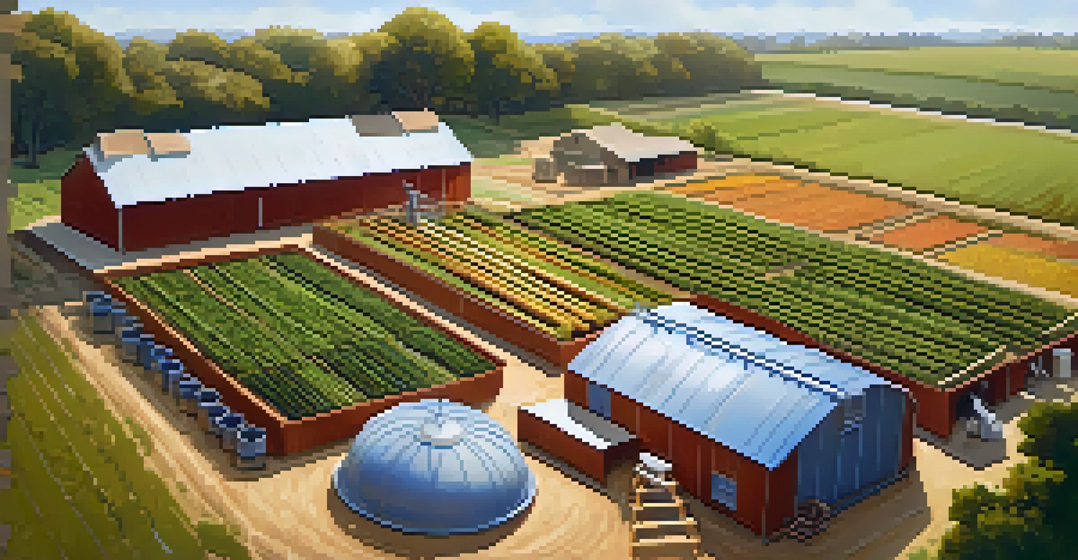 Aerial view of a rainwater harvesting system on a sustainable farm with vegetable gardens.