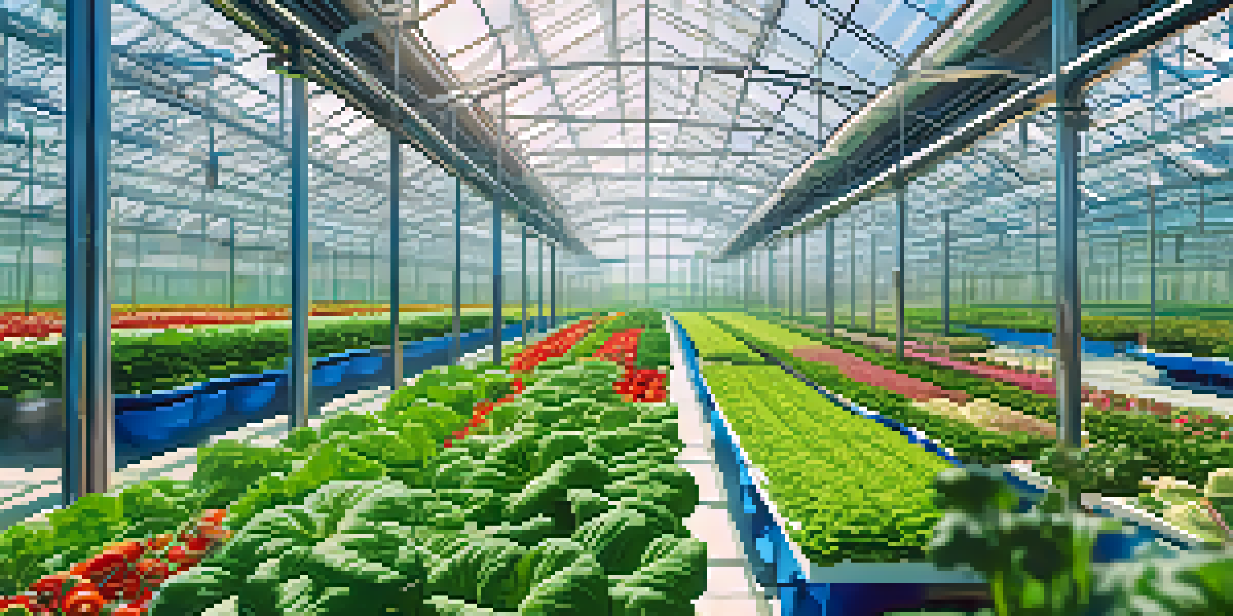 A hydroponic greenhouse with green plants growing in water, sunlight filtering through glass panels, and a blue sky in the background.