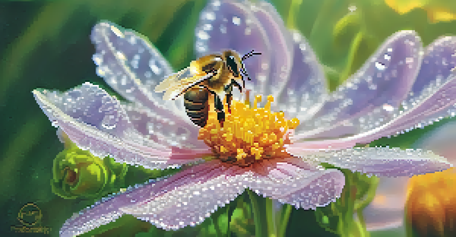A close-up of a honeybee on a flower, highlighting the bee's fuzzy texture and vibrant petals.