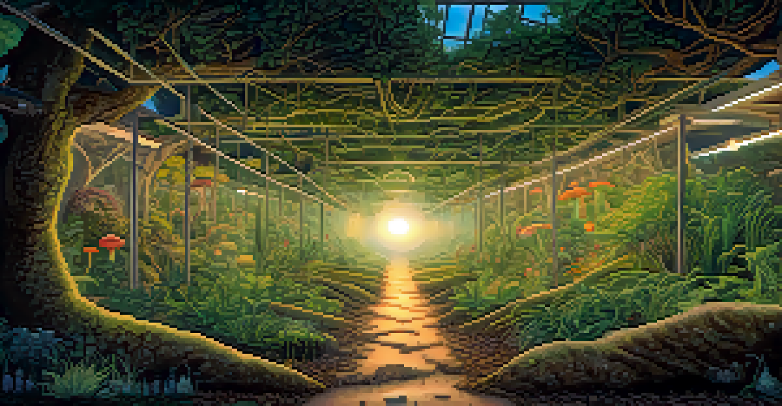A cross-sectional illustration of a mycorrhizal network showing fungal connections with plant roots, illuminated by soft light to emphasize the underground communication system.