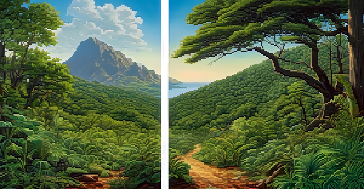 A split-screen image showing a healthy native ecosystem on one side and an area dominated by invasive species on the other.
