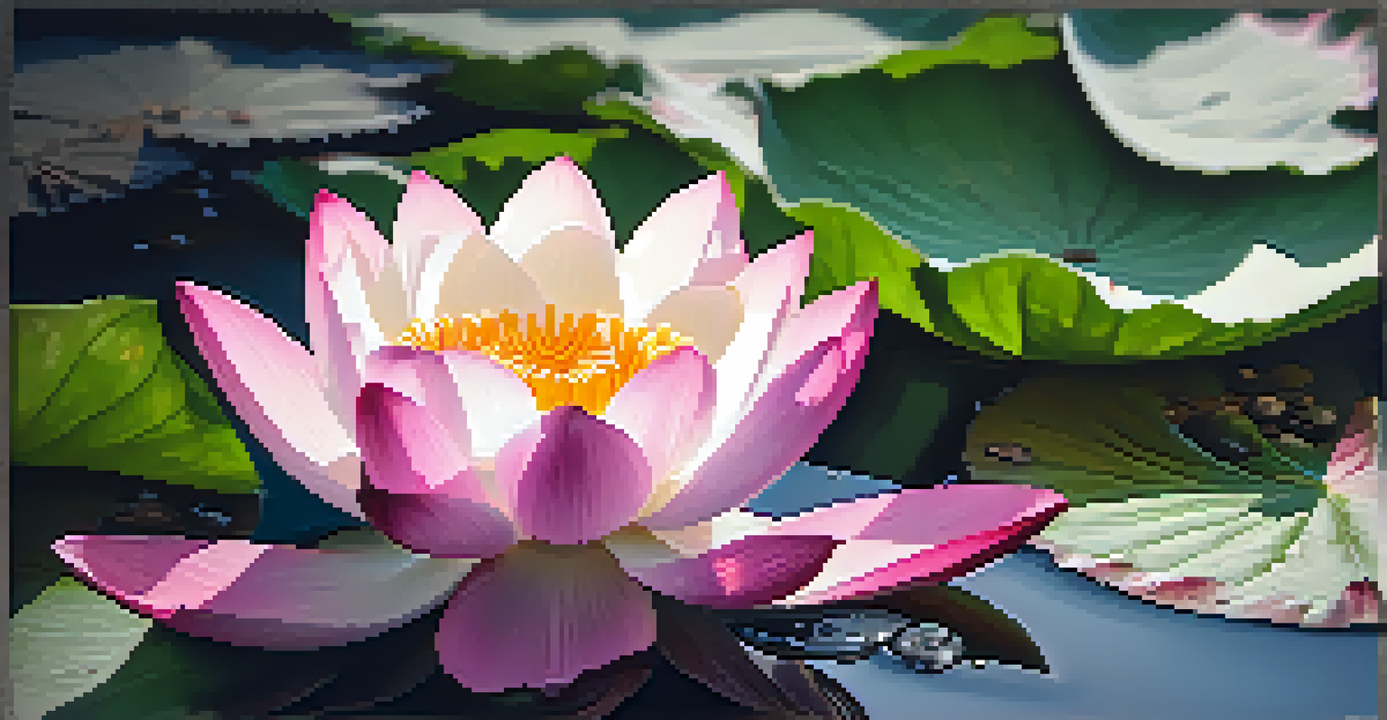 A close-up view of a pink and white lotus flower emerging from muddy water, with sunlight highlighting its petals and dewdrops, symbolizing resilience.