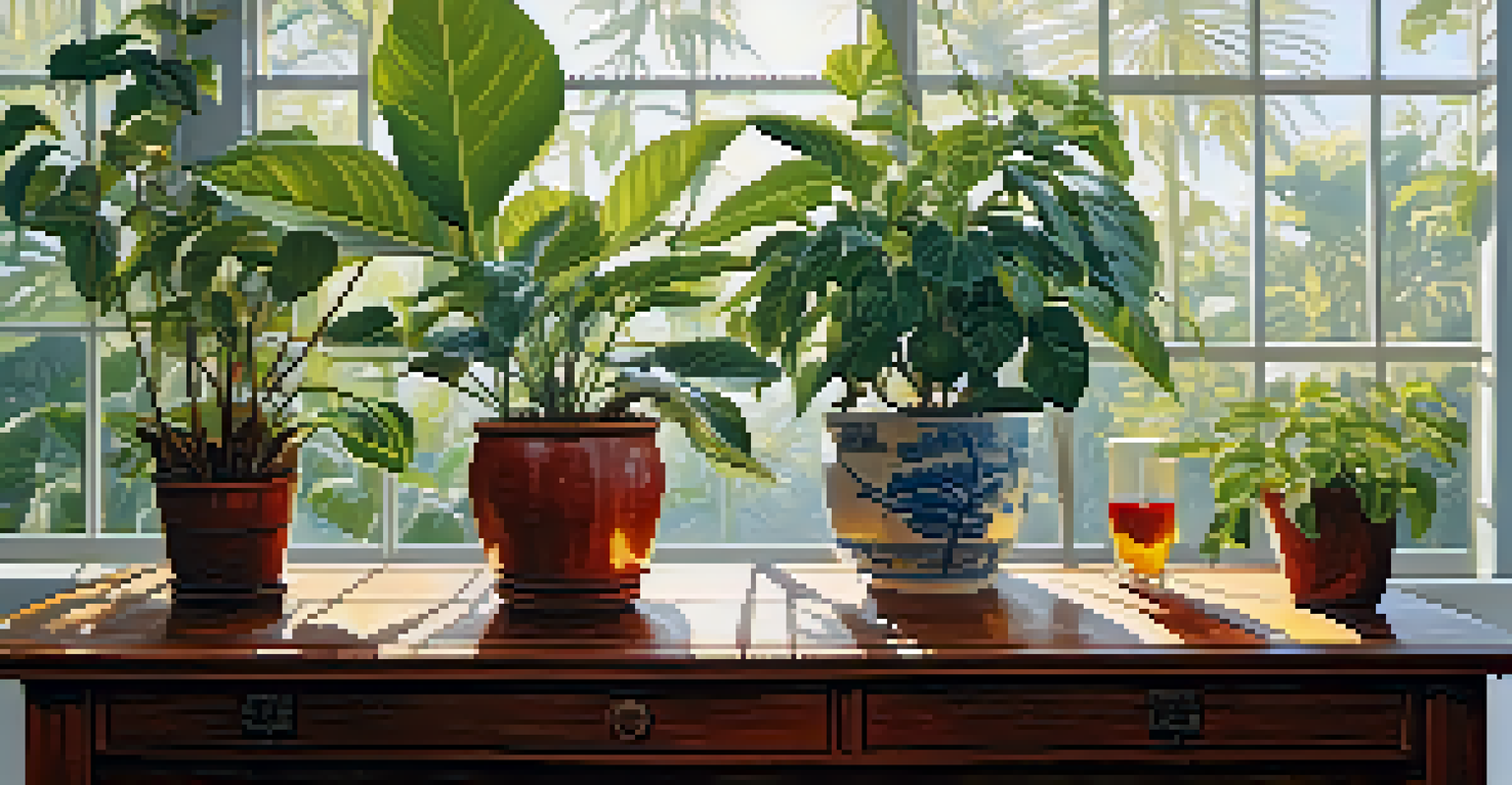 A garden display featuring Ficus, rubber tree, and hibiscus plants on a wooden table, illuminated by soft sunlight.