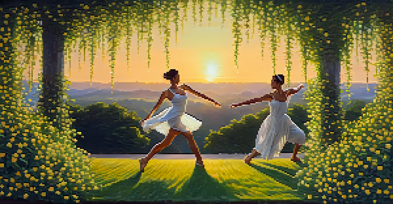 Two dancers symbolizing auxins and cytokinins performing together among blooming flowers and green shoots in a golden sunset.
