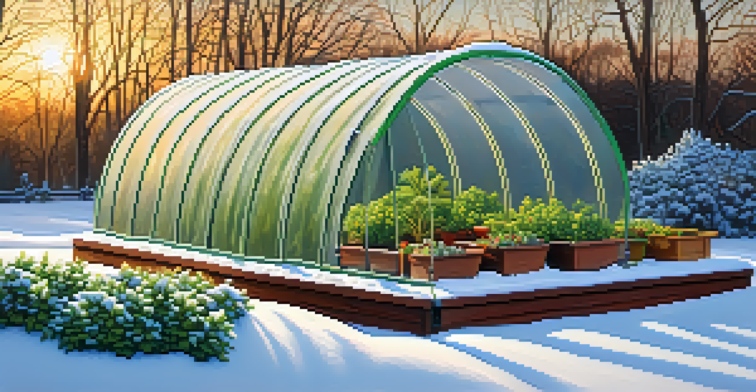 A winter garden with a cold frame and row covers protecting green plants from frost, surrounded by fresh snow and a golden sunset glow.