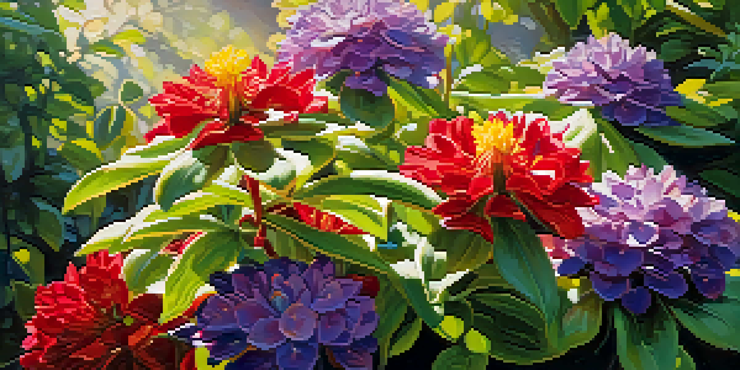 A close-up view of a colorful blooming plant in a vibrant garden with sunlight filtering through the leaves.