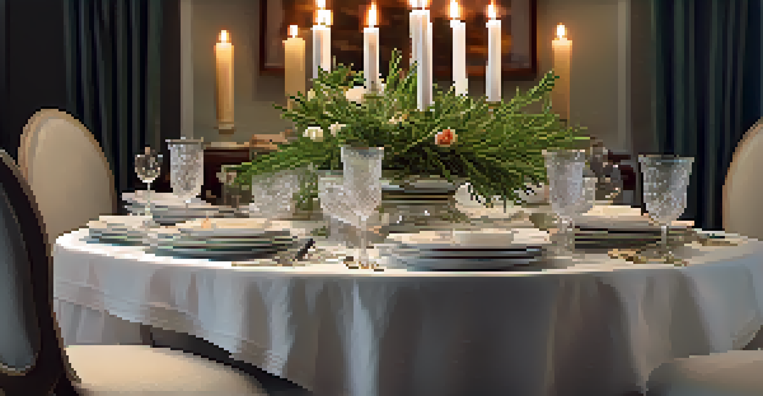 Dining table set for a family gathering with rosemary centerpiece and flickering candles.