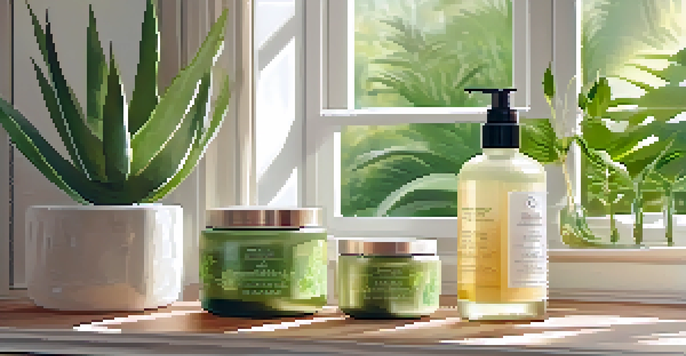 A peaceful bathroom setting with natural plant-based beauty products displayed on a wooden shelf, surrounded by green plants and soft sunlight.